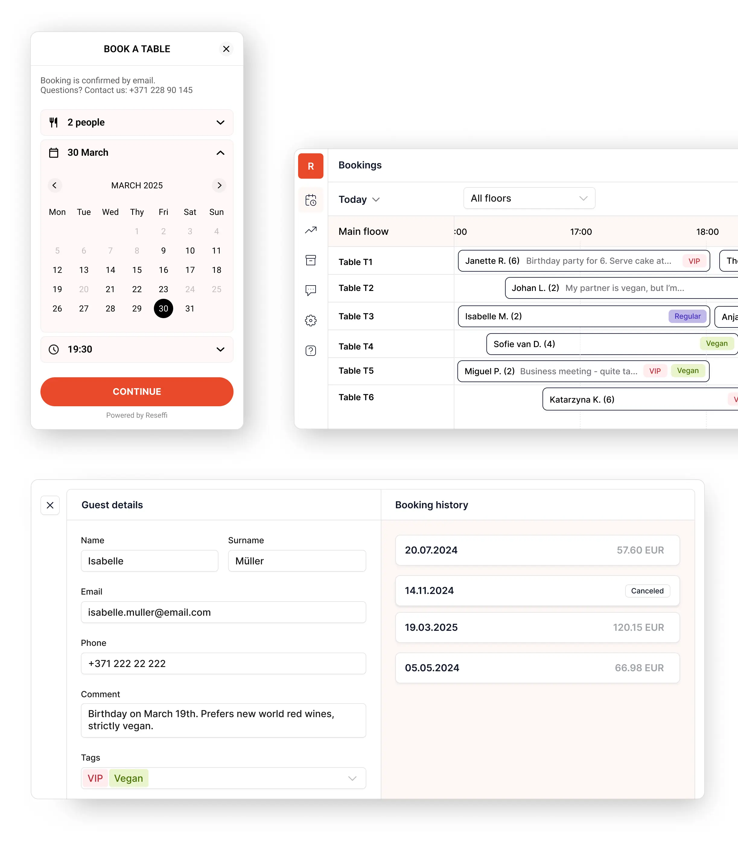 Comprehensive restaurant management dashboard showing booking calendar, table management, guest details, and booking history